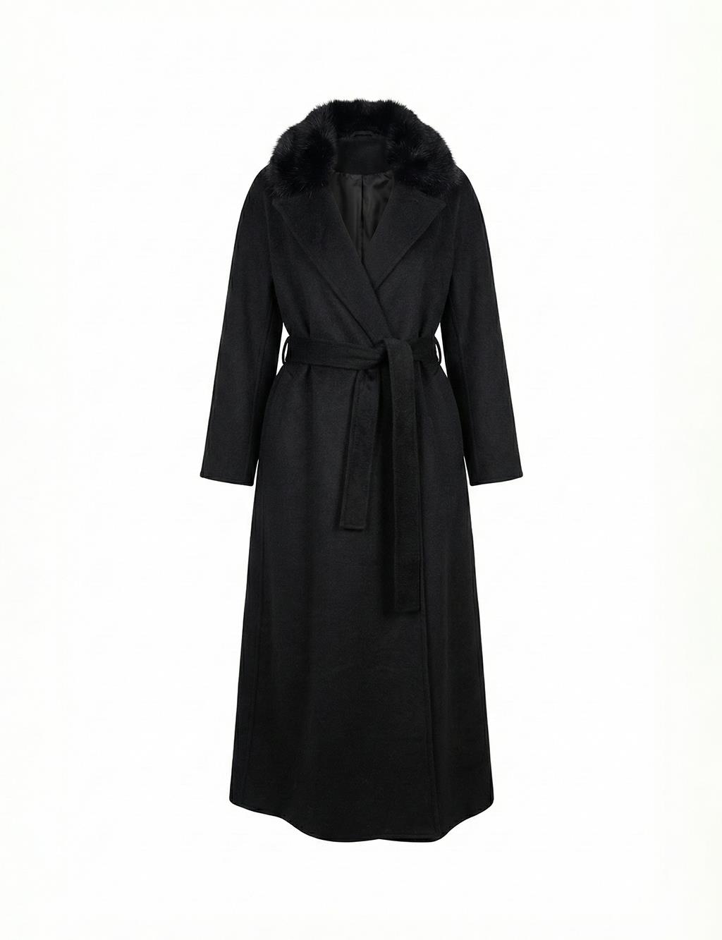 Detachable Faux Fur Collar Wool Coat in Black 