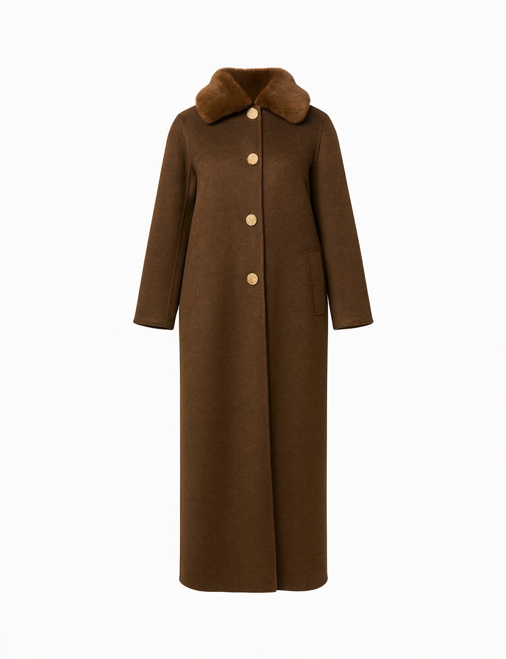Long Wool Coat with Fur Collar Dark Brown
