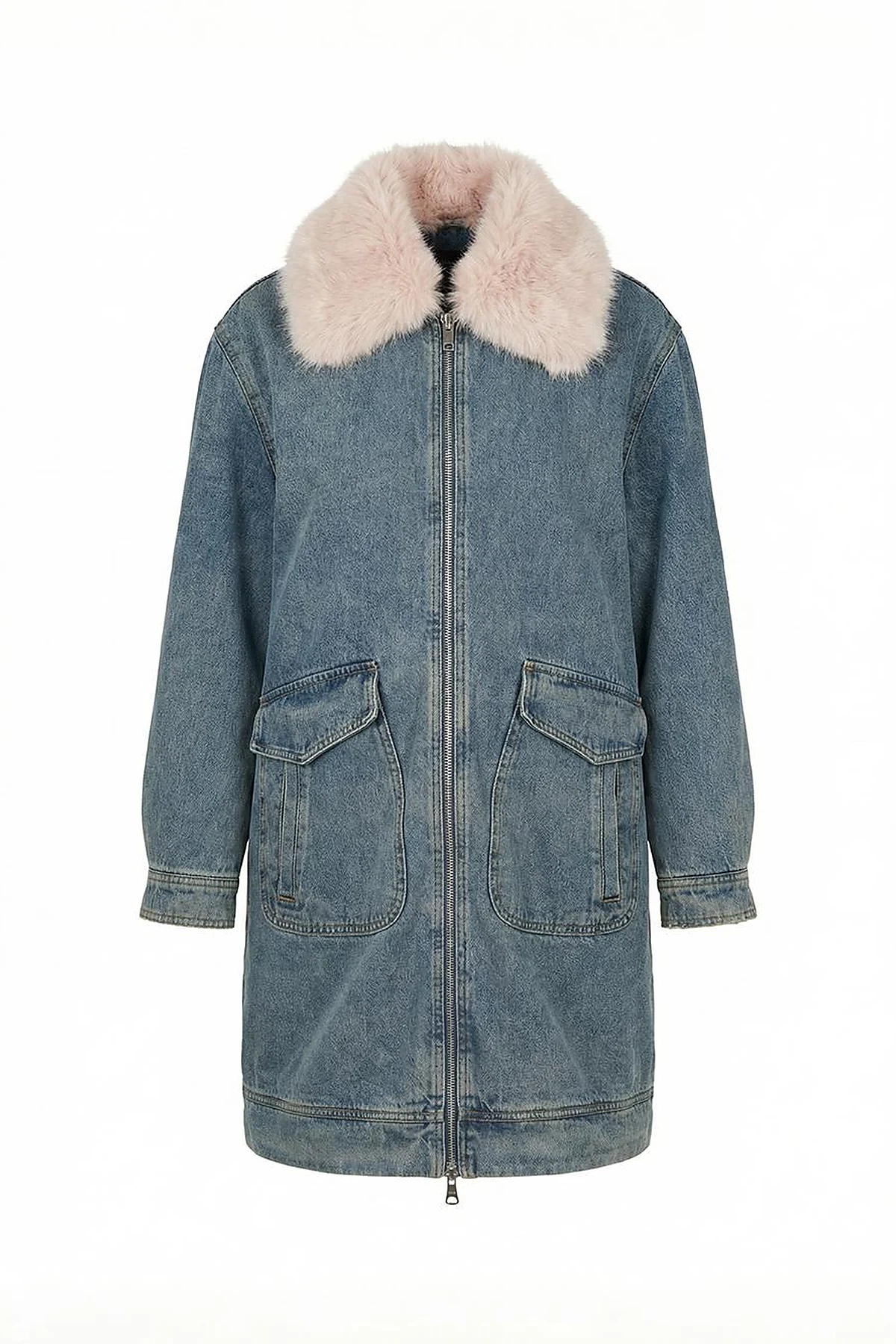 Faux Fur Collar Denim Jacket Light Blue