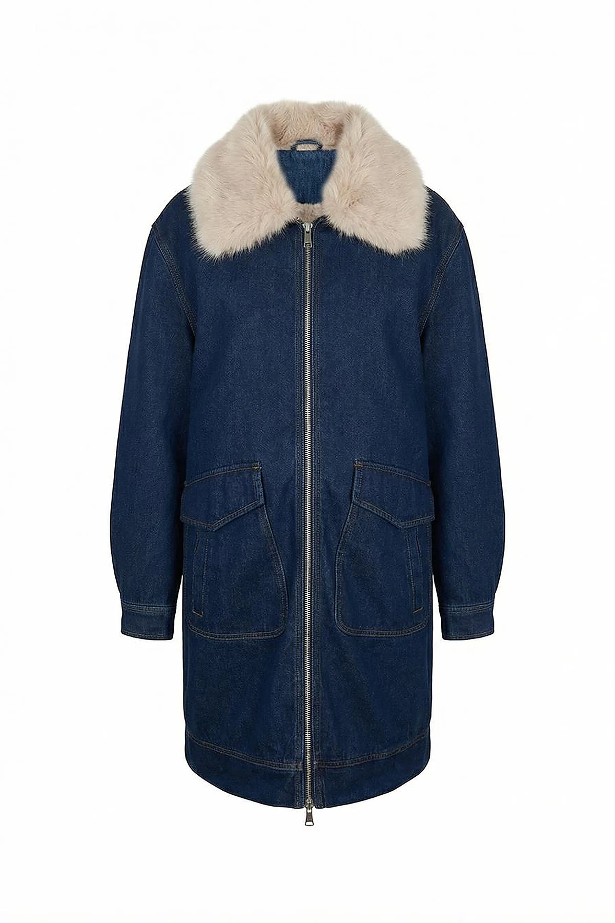 Faux Fur Collar Denim Jacket Dark Navy
