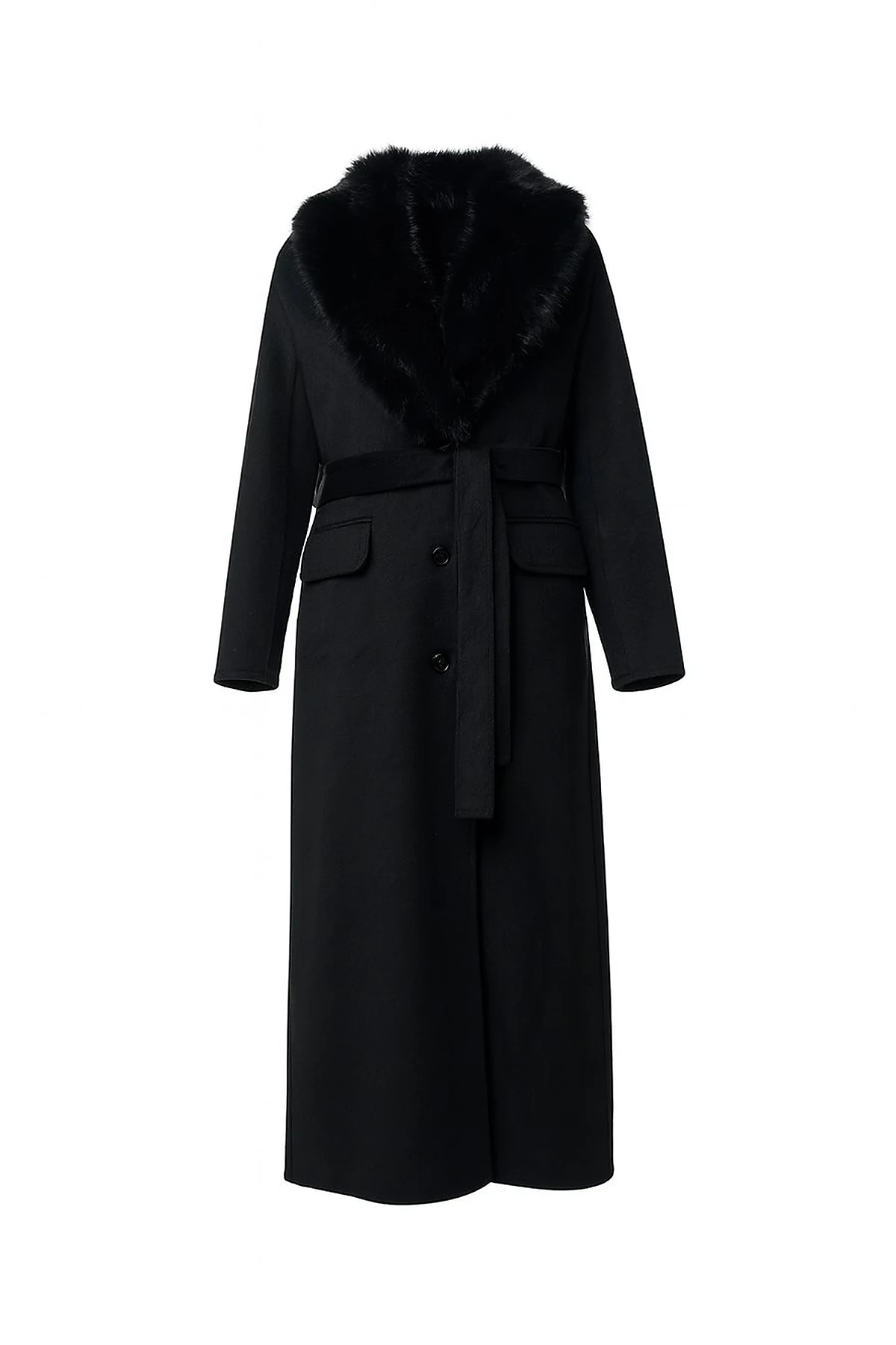 Fur Collar Wool Coat – Black 