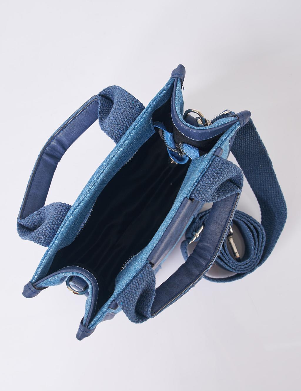 Askılı Deri Detaylı Denim Çanta İndigo