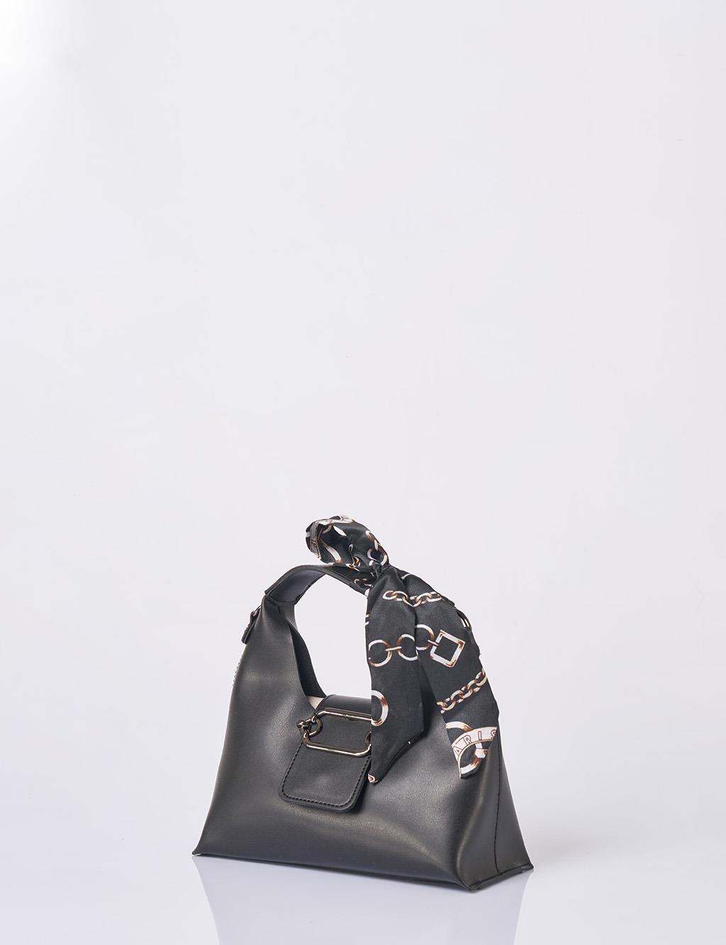 Faux Leather Bag with Scarf Detail in Black