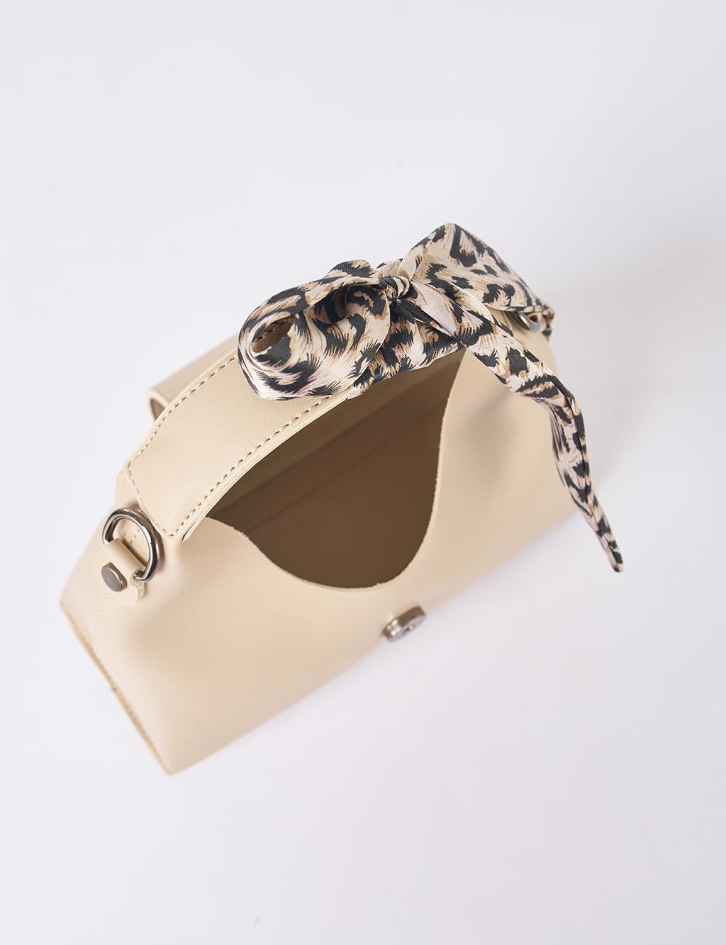 Faux Leather Bag with Scarf Detail in Cream