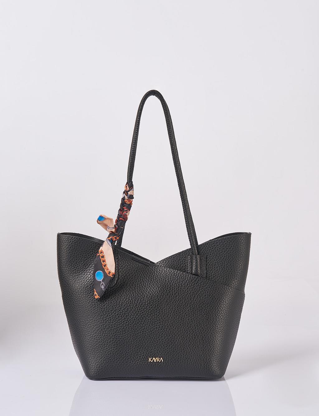 Faux Leather Bag with Scarf Detail in Black