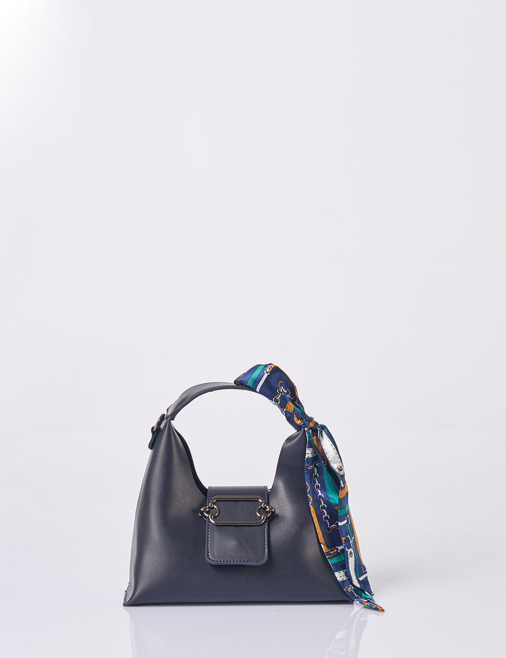 Faux Leather Bag with Scarf Detail in Navy Blue