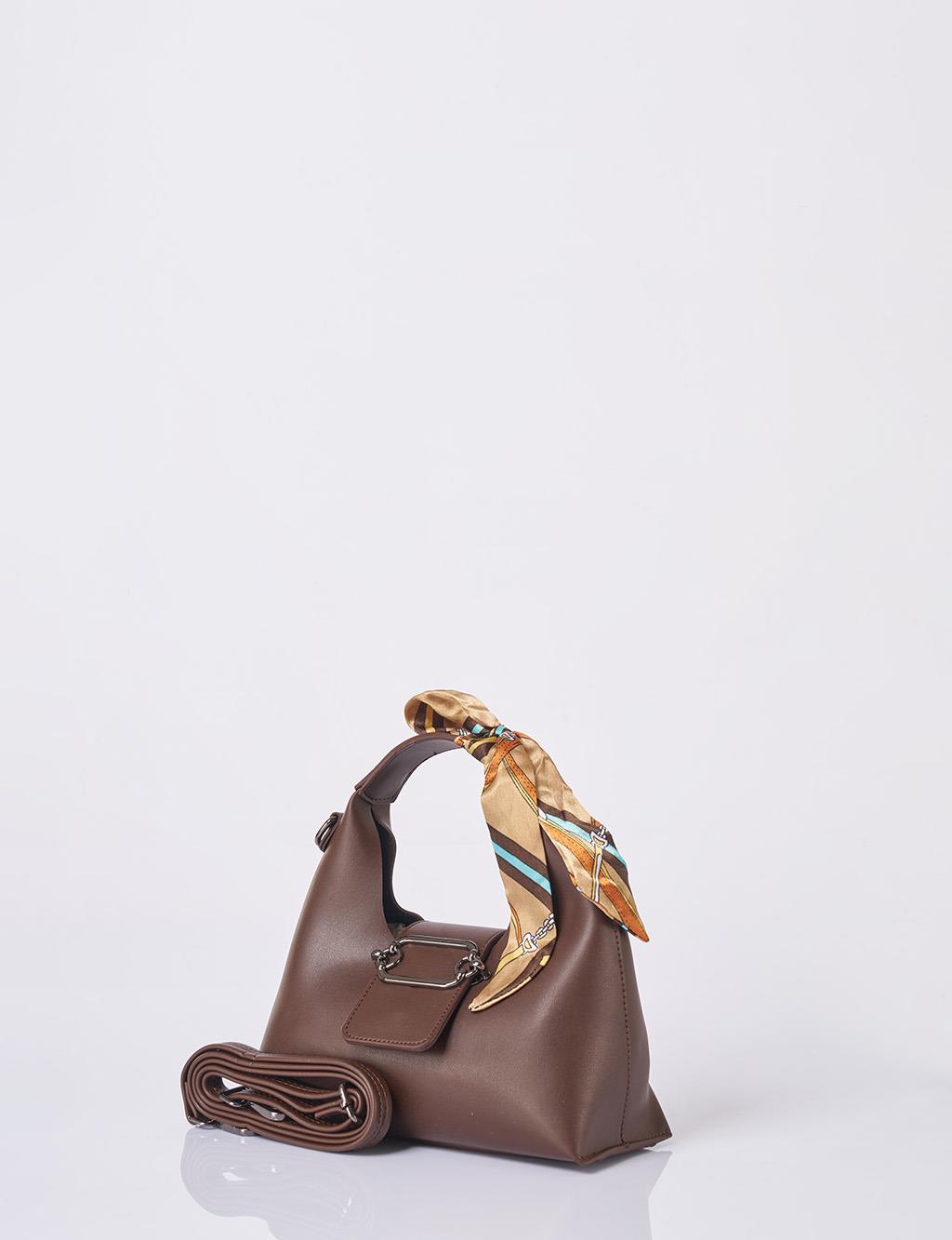 Faux Leather Bag with Scarf Detail in Dark Coffee