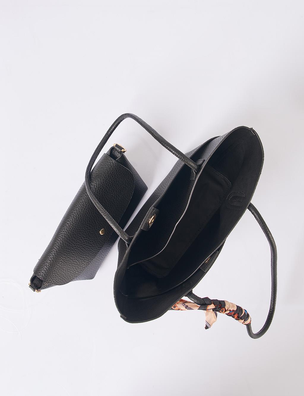 Faux Leather Bag with Scarf Detail in Black