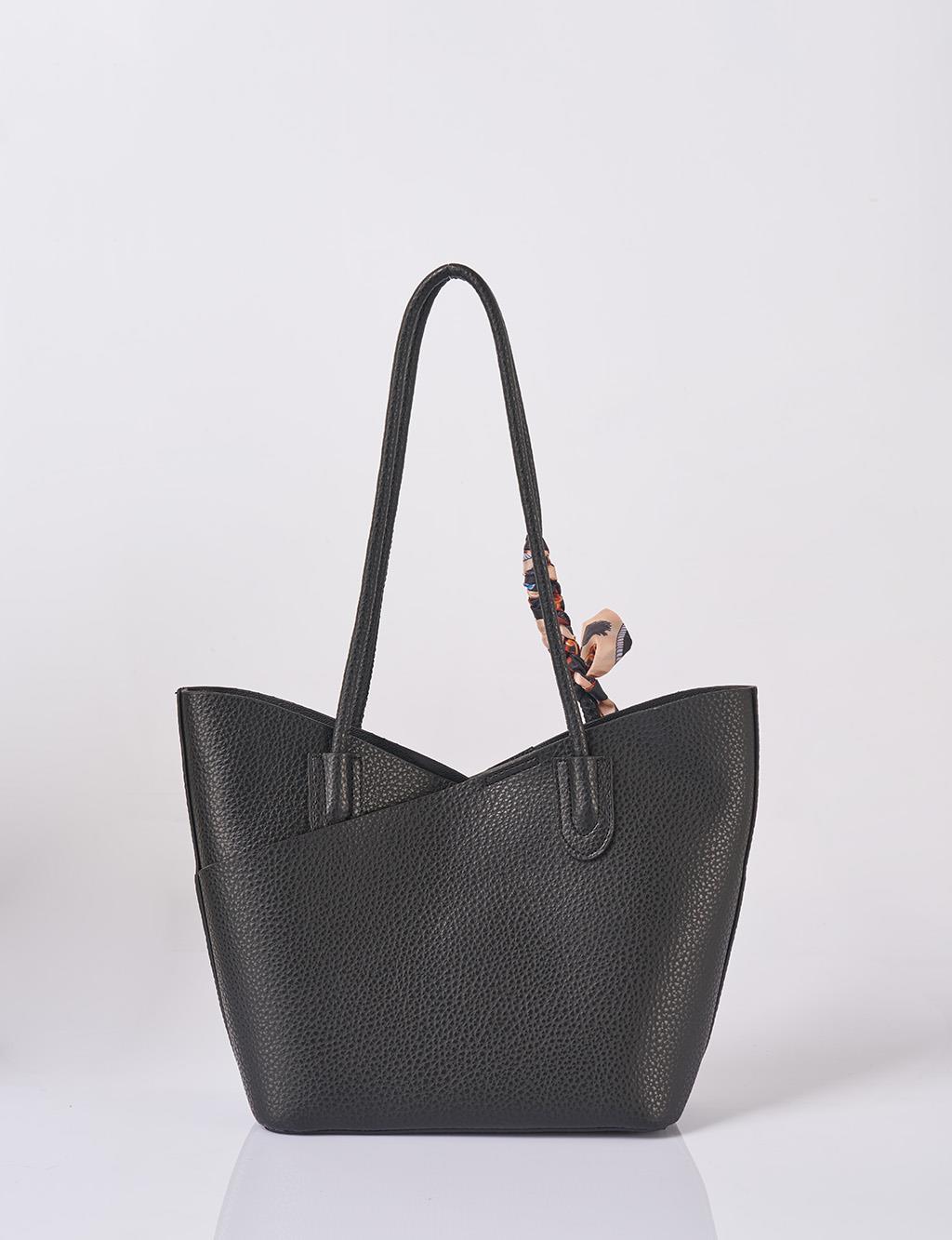 Faux Leather Bag with Scarf Detail in Black