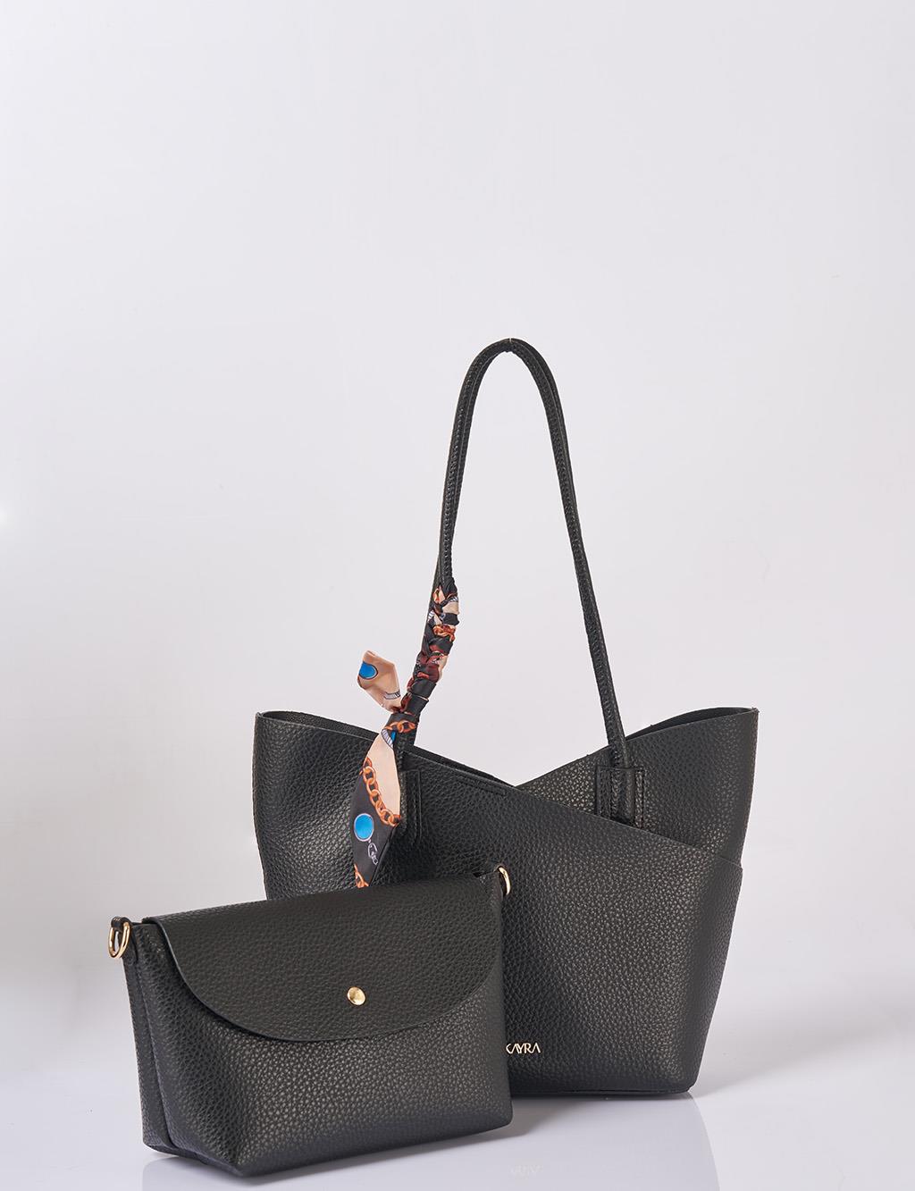Faux Leather Bag with Scarf Detail in Black