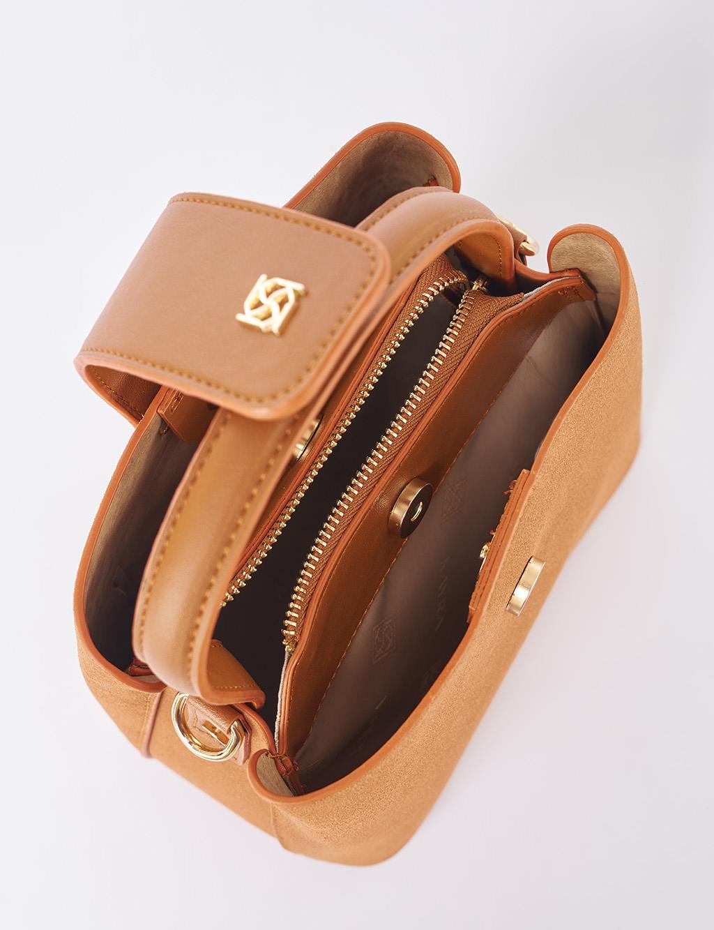 Nubuck Bag with Cover in Tan