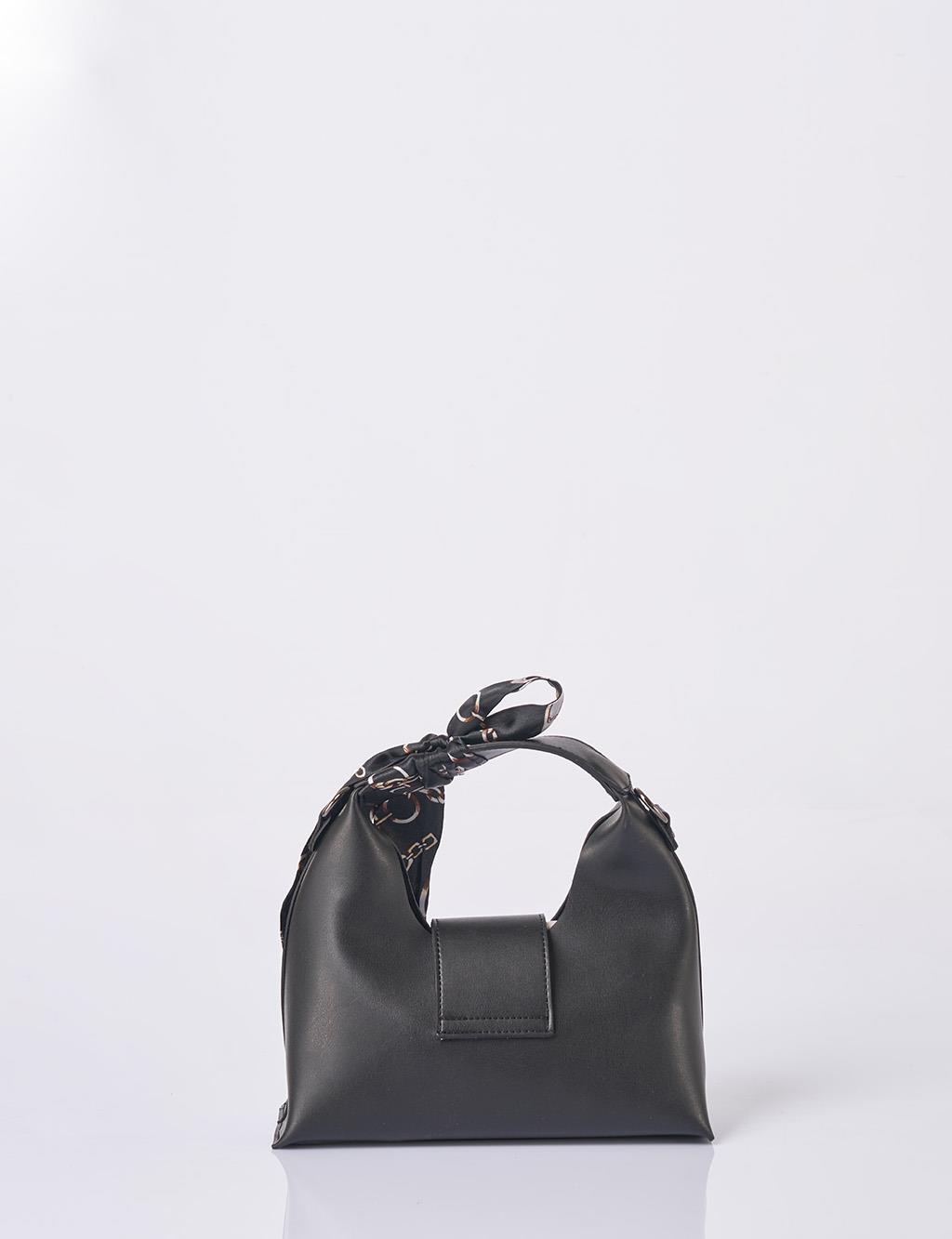 Faux Leather Bag with Scarf Detail in Black