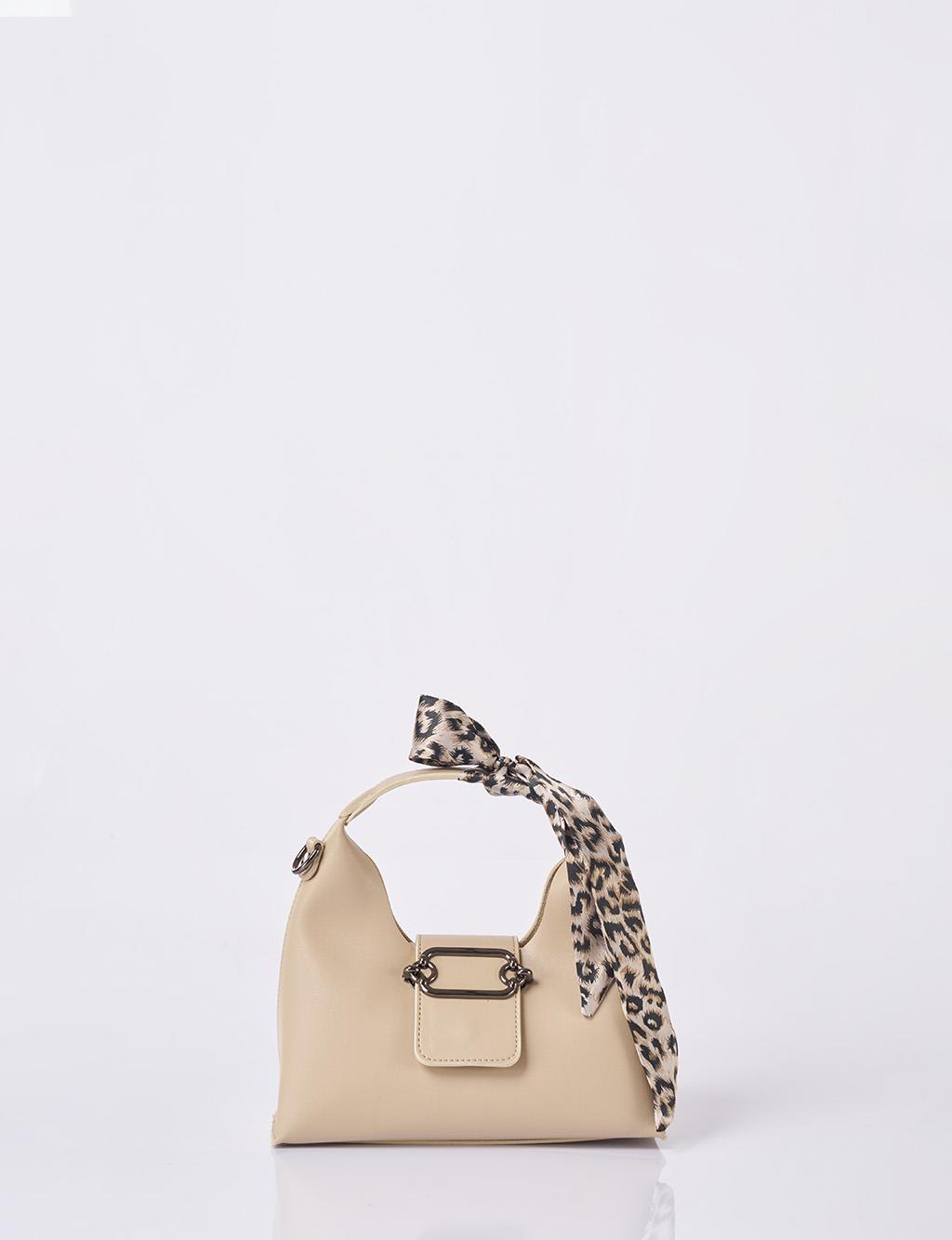 Faux Leather Bag with Scarf Detail in Cream