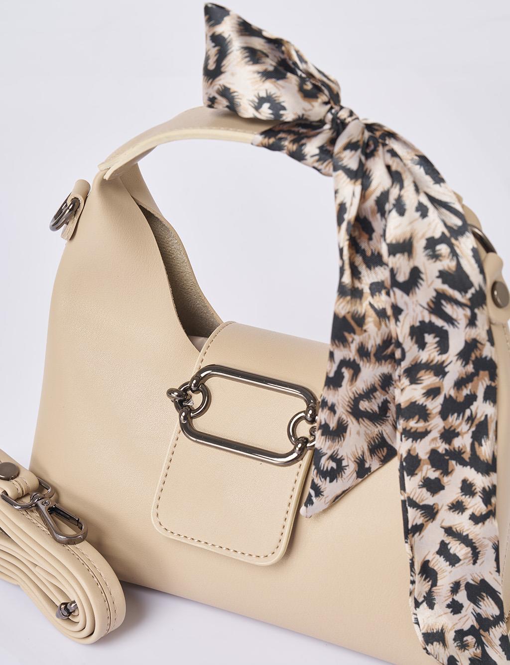 Faux Leather Bag with Scarf Detail in Cream