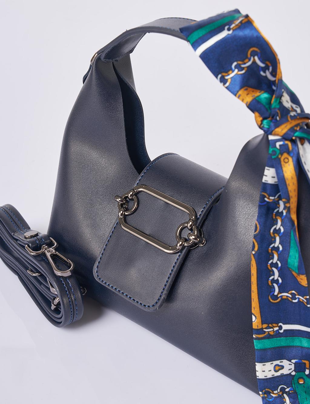 Faux Leather Bag with Scarf Detail in Navy Blue