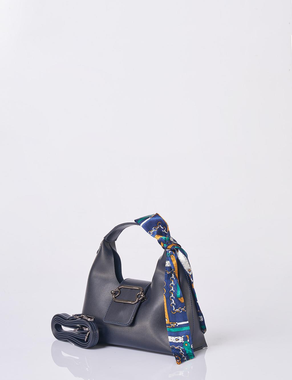 Faux Leather Bag with Scarf Detail in Navy Blue