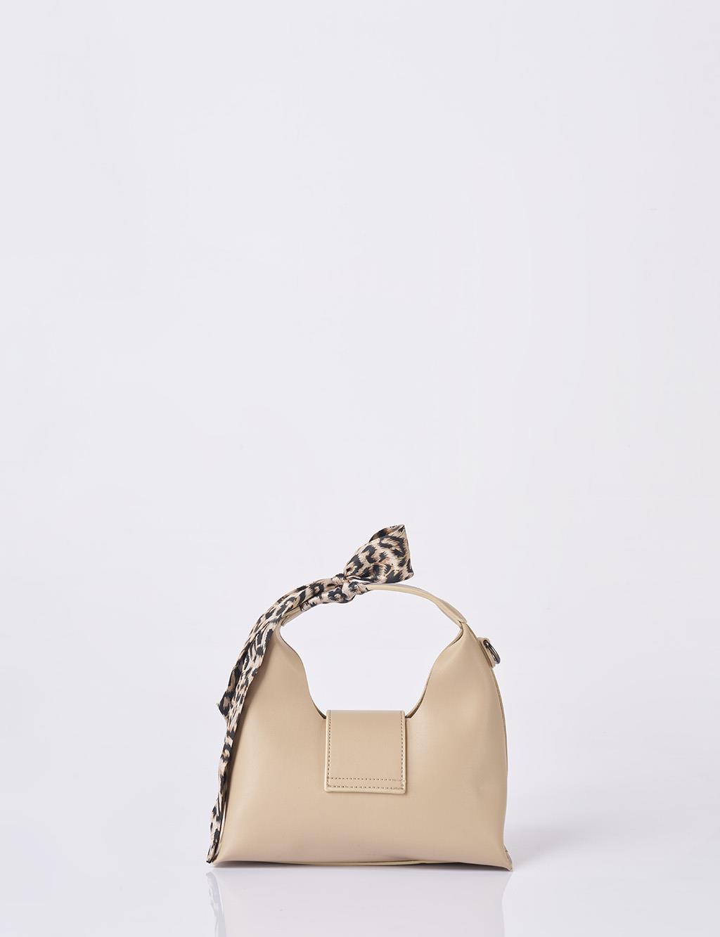 Faux Leather Bag with Scarf Detail in Cream
