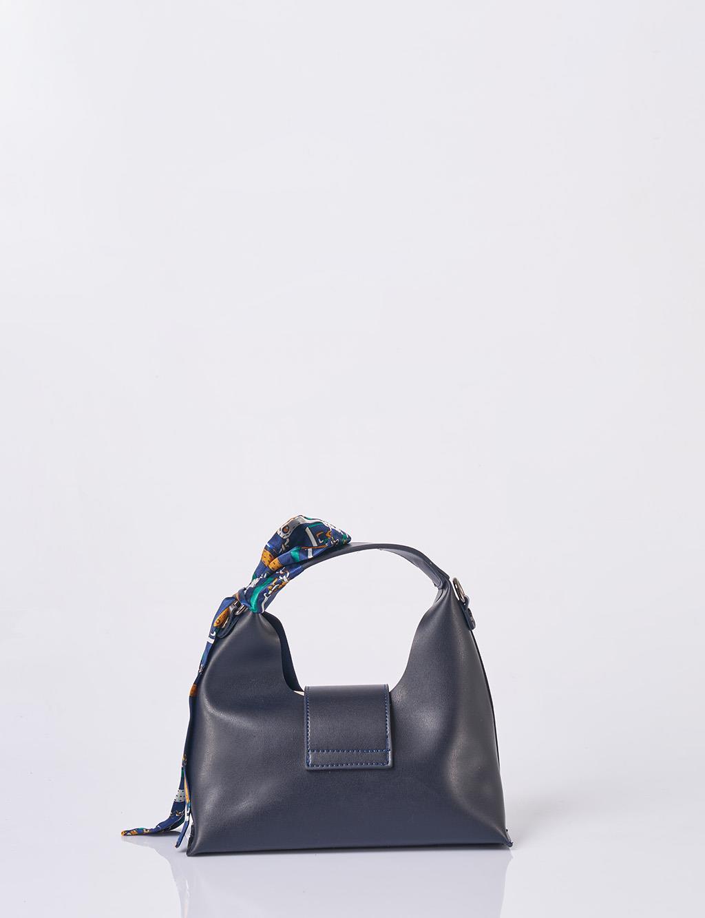 Faux Leather Bag with Scarf Detail in Navy Blue