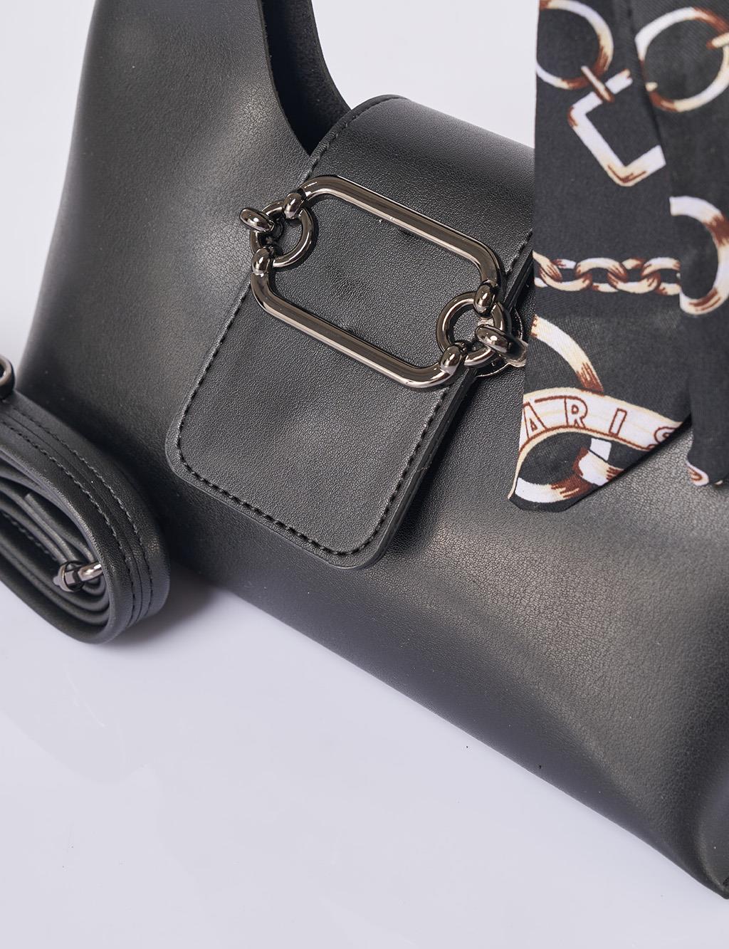 Faux Leather Bag with Scarf Detail in Black