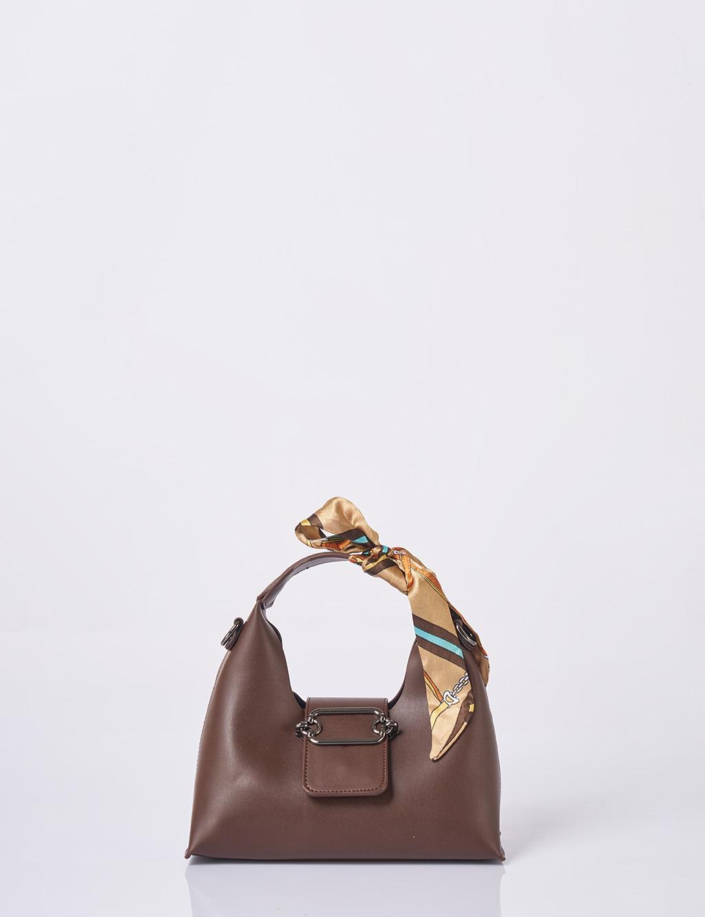 Faux Leather Bag with Scarf Detail in Dark Coffee