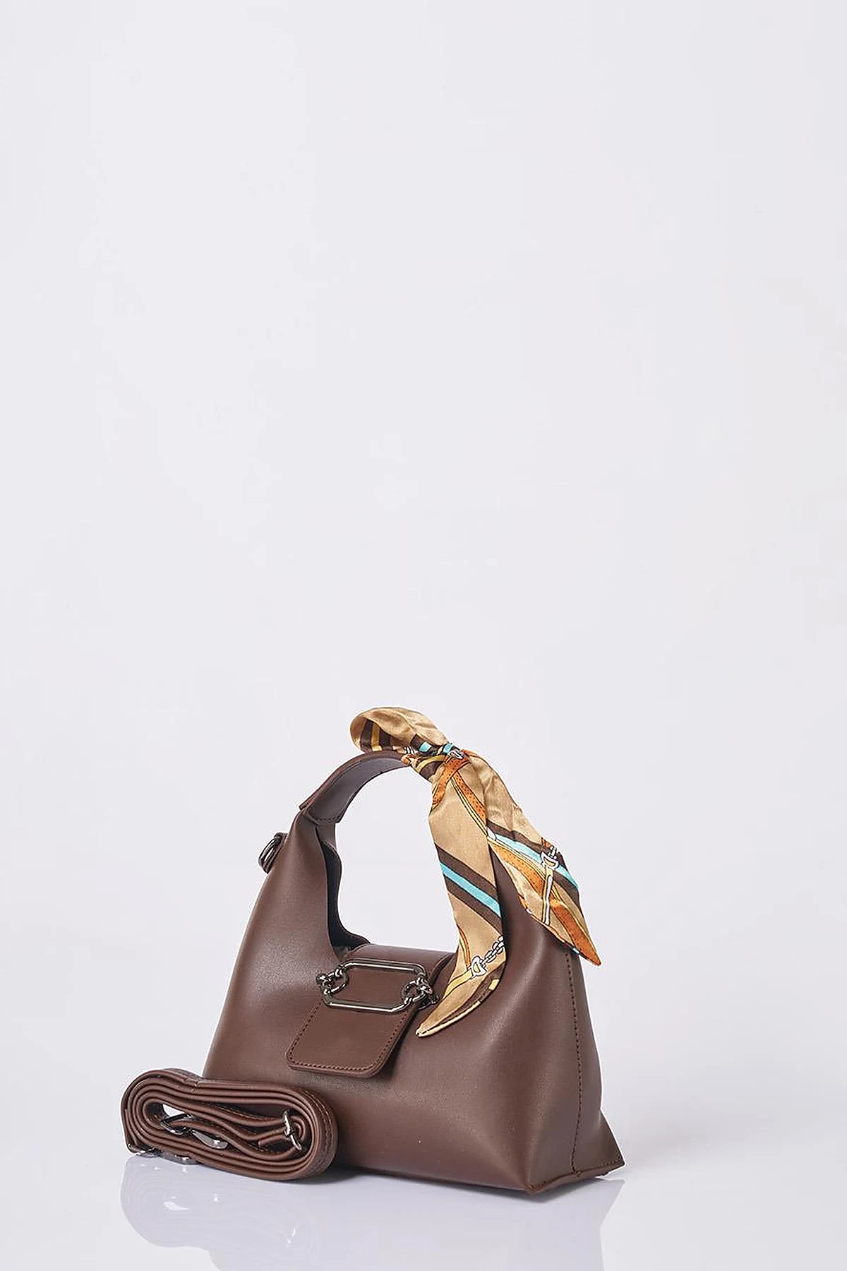Faux Leather Bag with Scarf Detail in Dark Coffee