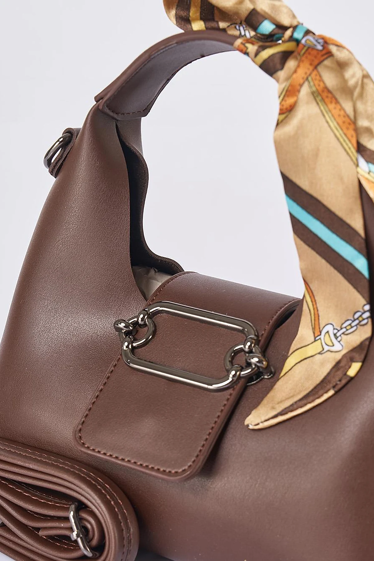 Faux Leather Bag with Scarf Detail in Dark Coffee