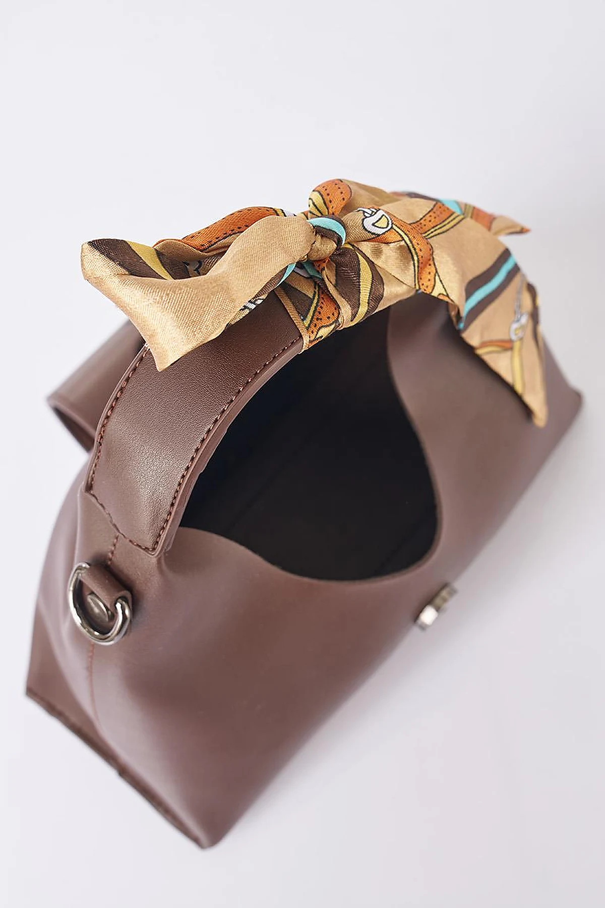 Faux Leather Bag with Scarf Detail in Dark Coffee