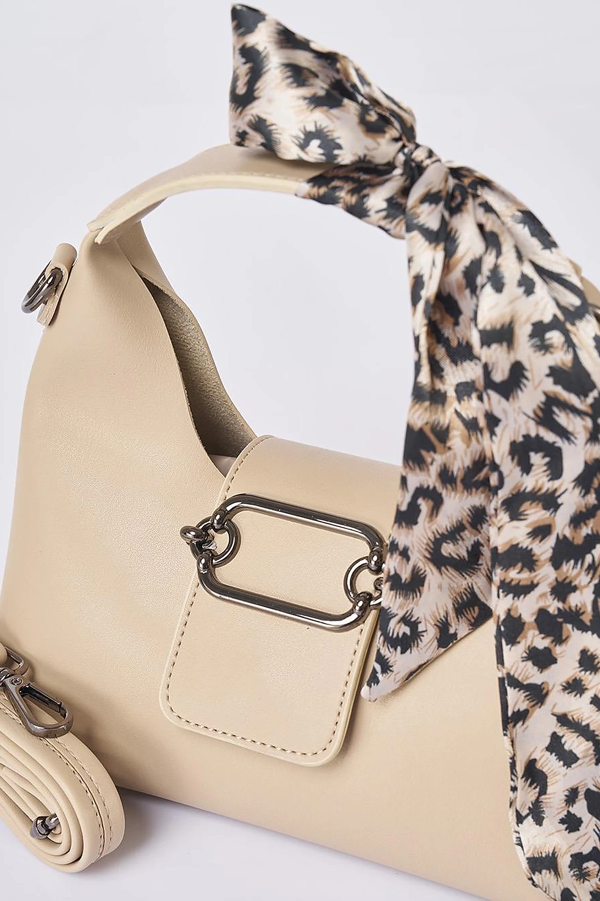 Faux Leather Bag with Scarf Detail in Cream