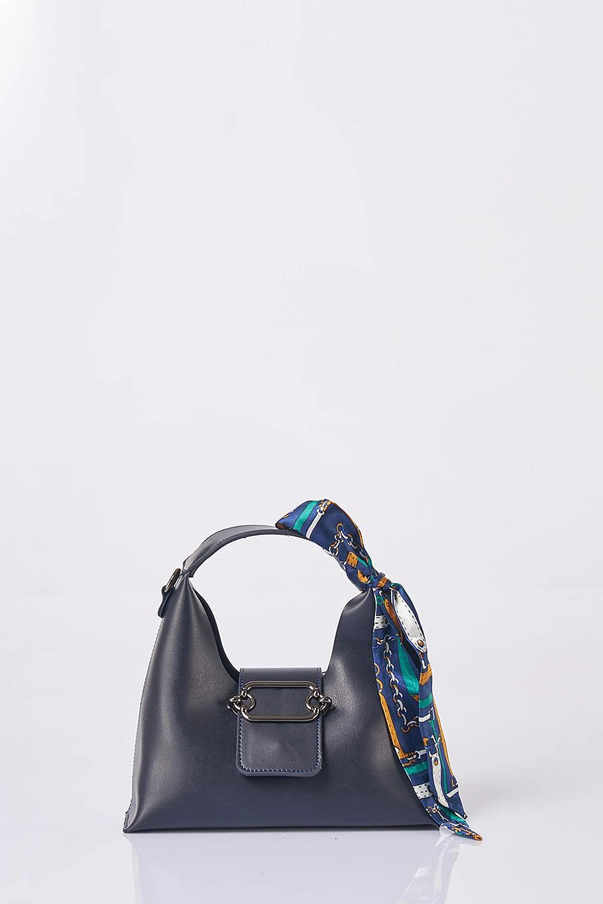 Faux Leather Bag with Scarf Detail in Navy Blue