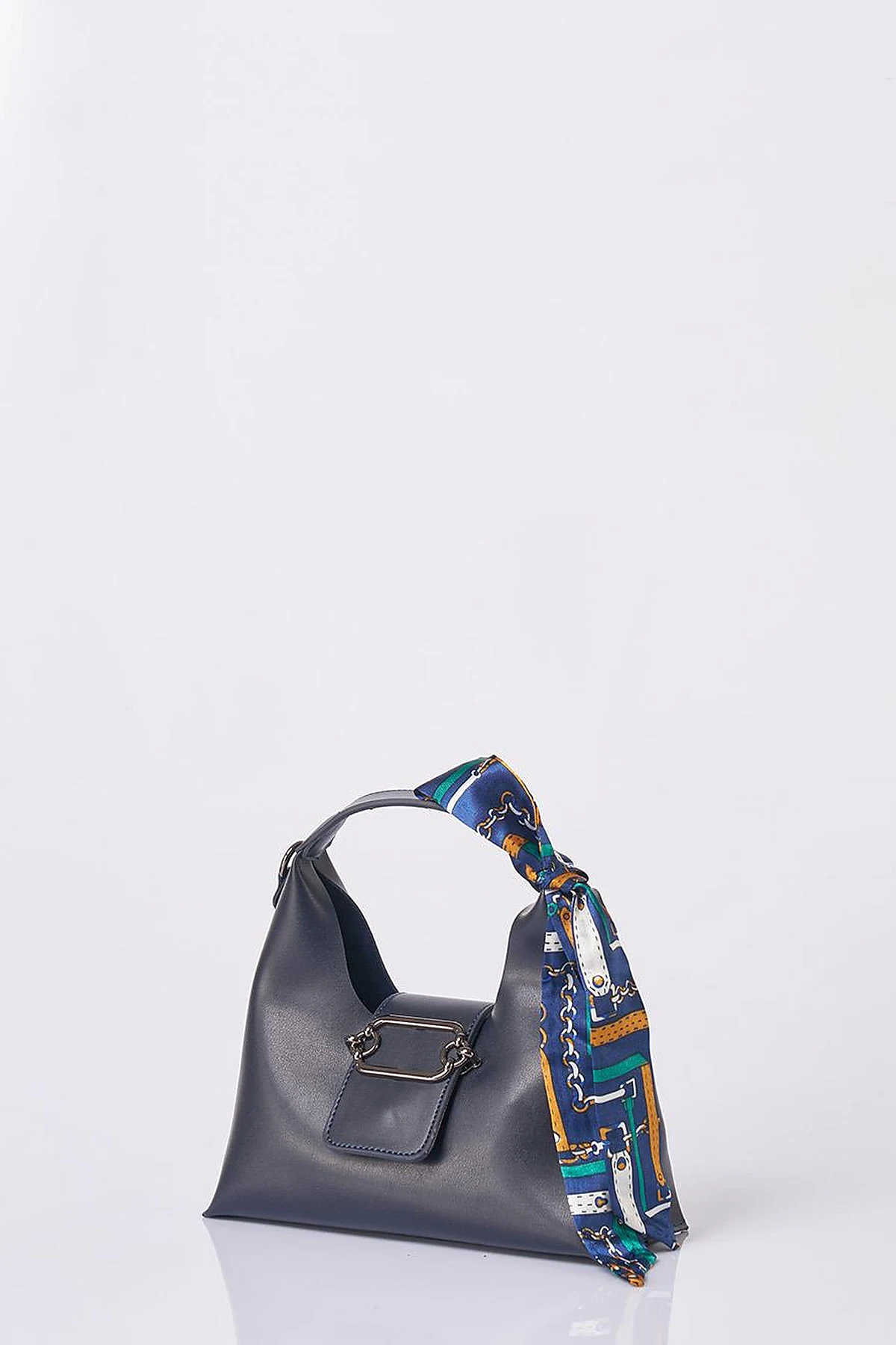 Faux Leather Bag with Scarf Detail in Navy Blue