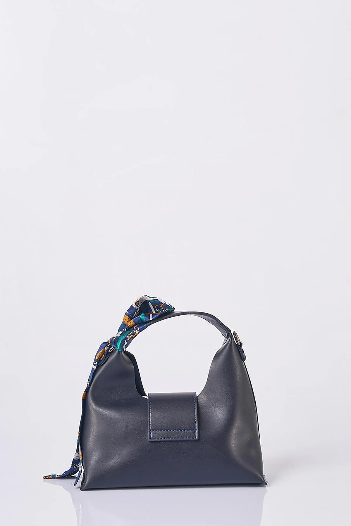 Faux Leather Bag with Scarf Detail in Navy Blue