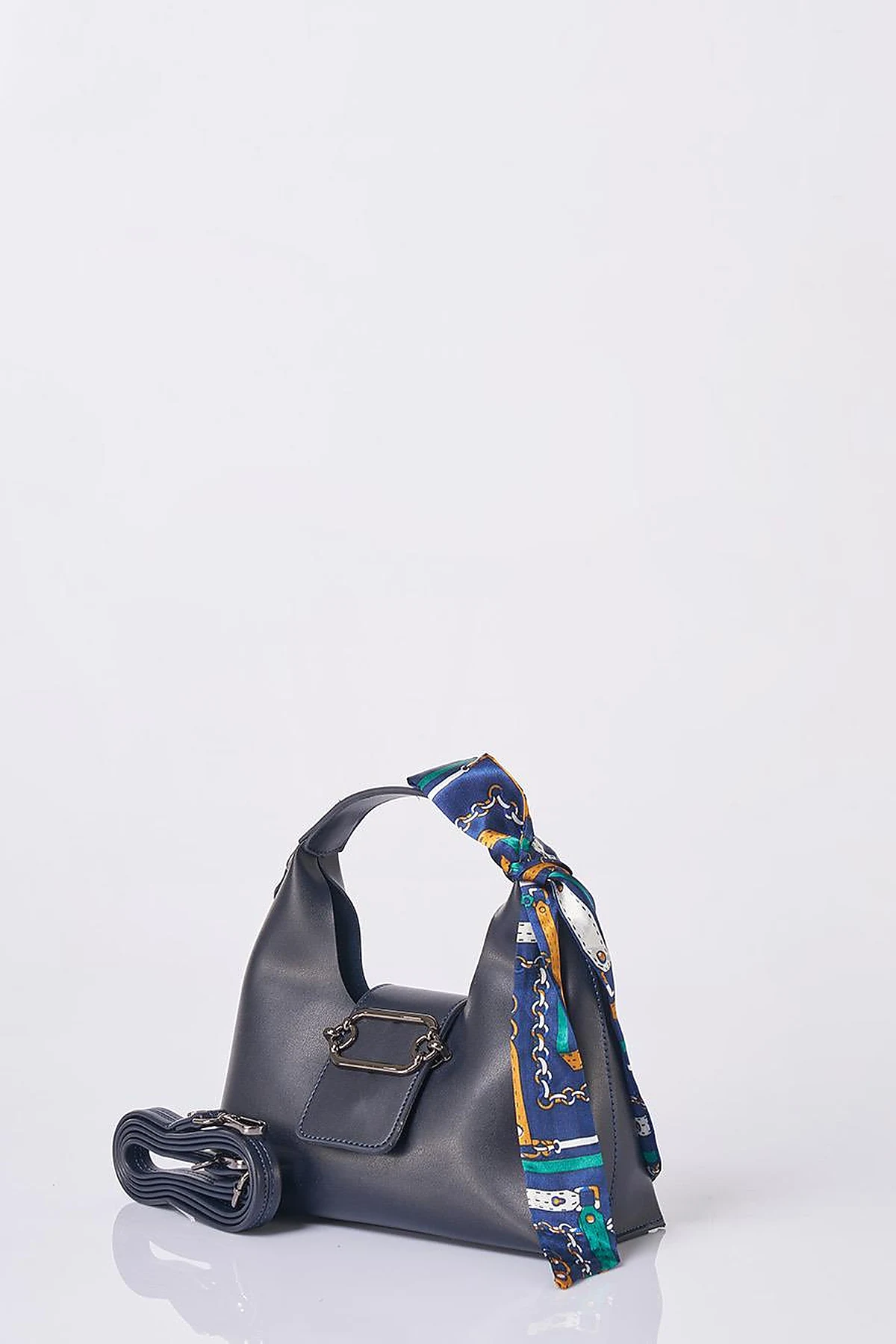 Faux Leather Bag with Scarf Detail in Navy Blue