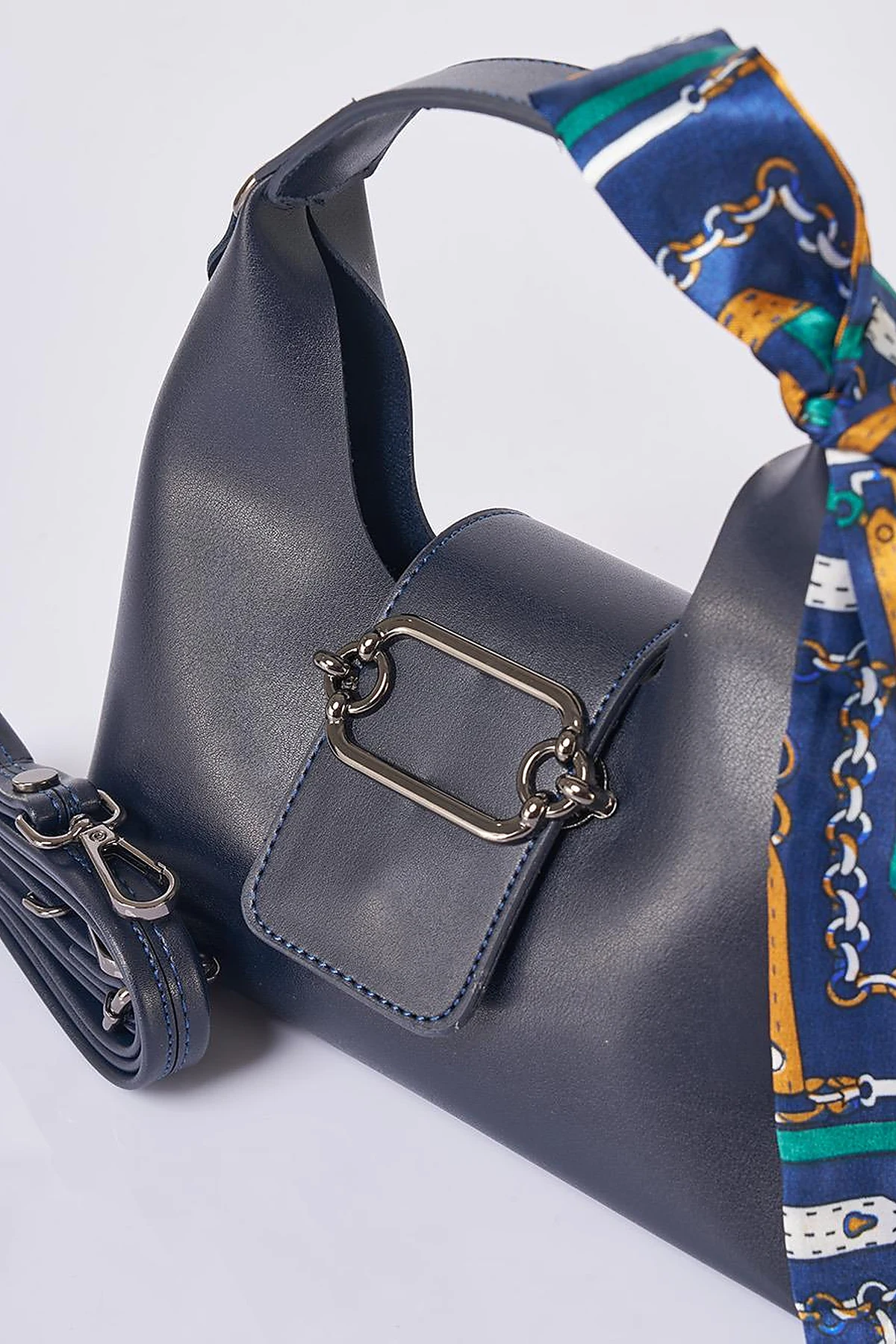 Faux Leather Bag with Scarf Detail in Navy Blue