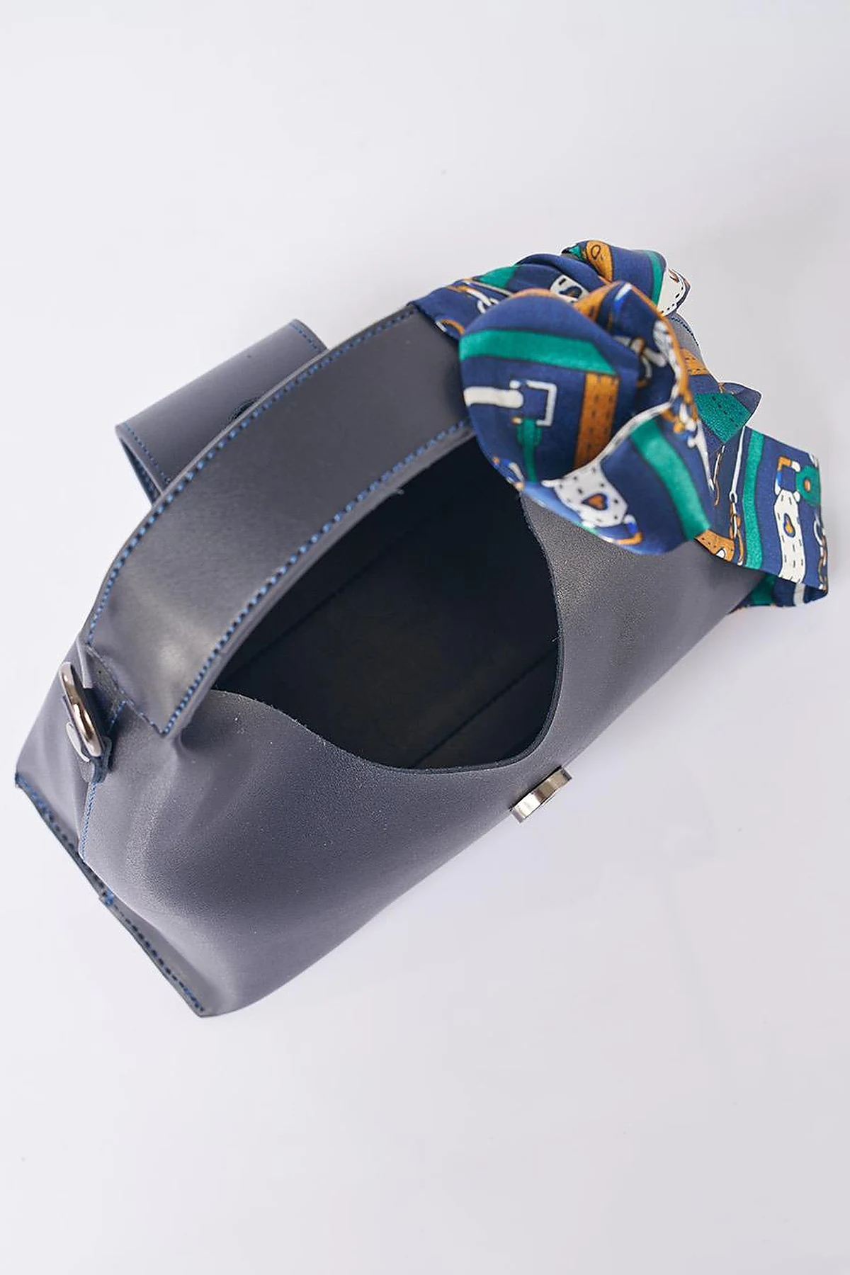 Faux Leather Bag with Scarf Detail in Navy Blue