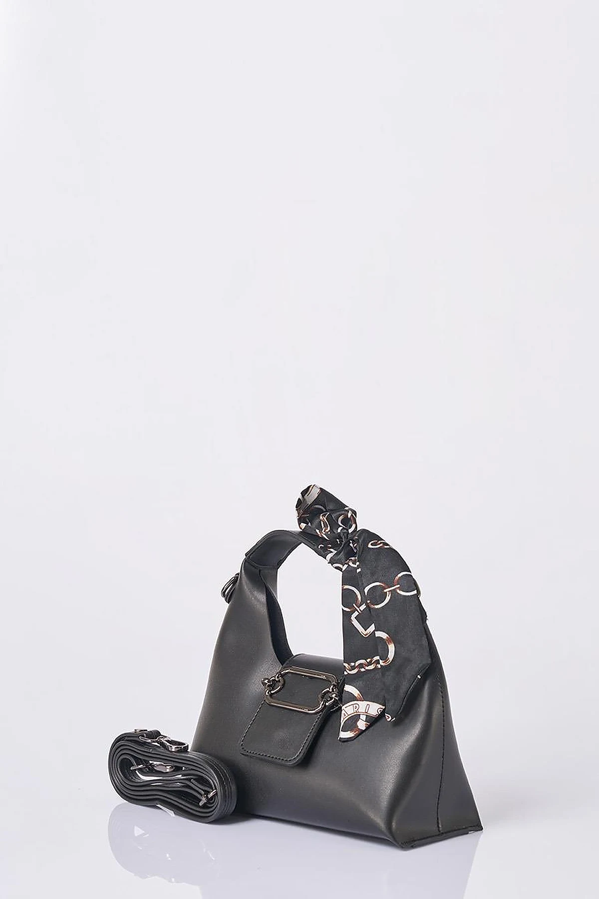 Faux Leather Bag with Scarf Detail in Black