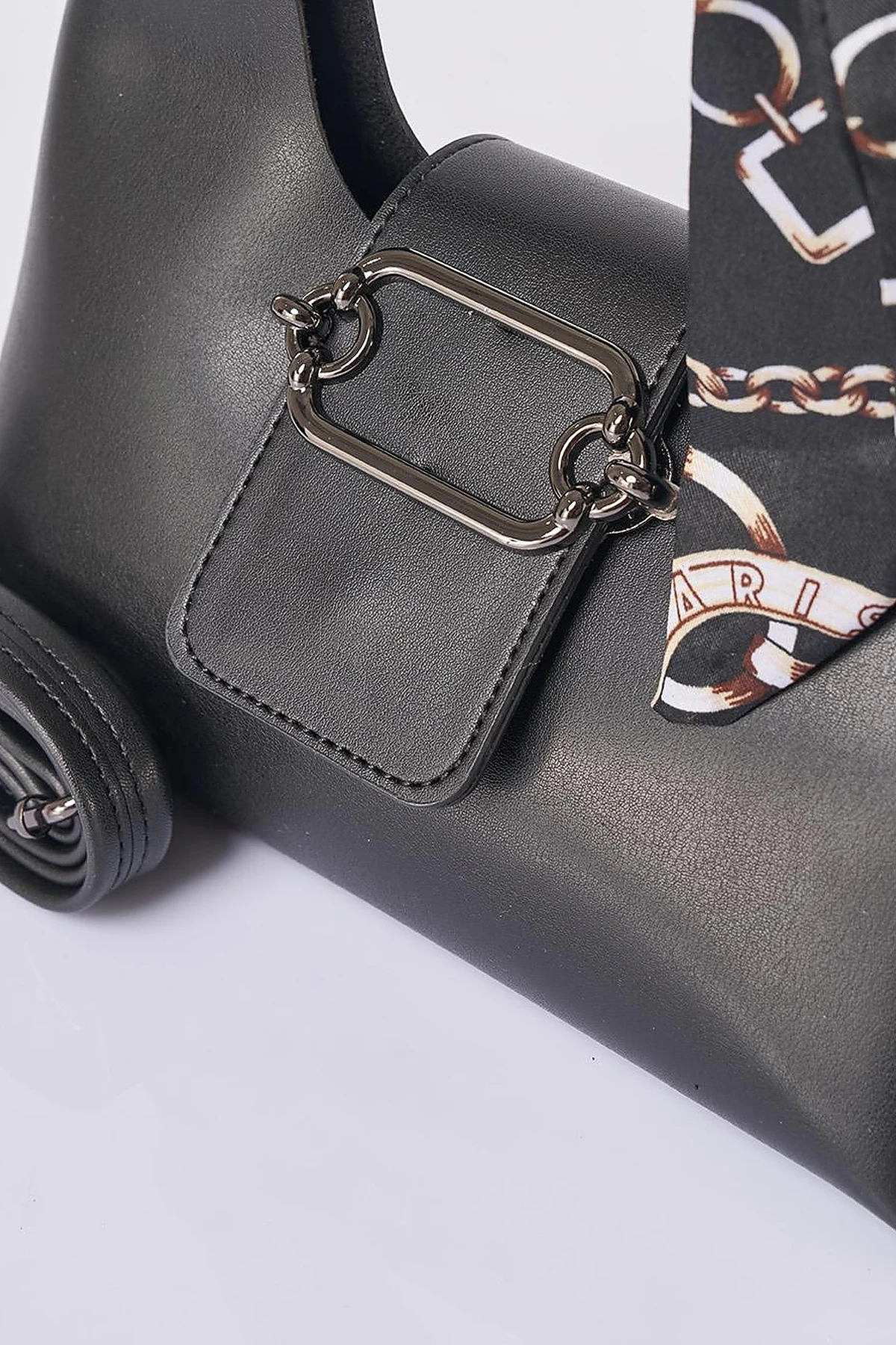 Faux Leather Bag with Scarf Detail in Black