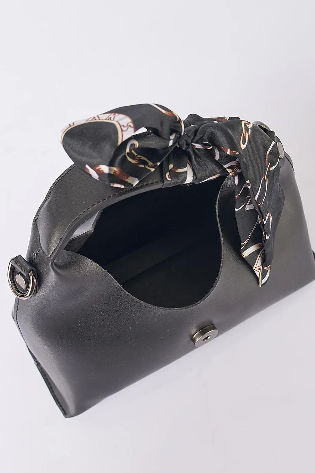 Faux Leather Bag with Scarf Detail in Black