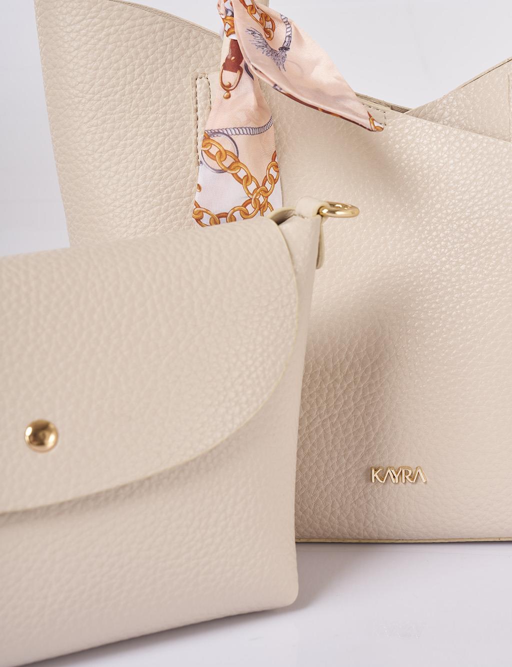 Faux Leather Bag with Scarf Detail in Cream