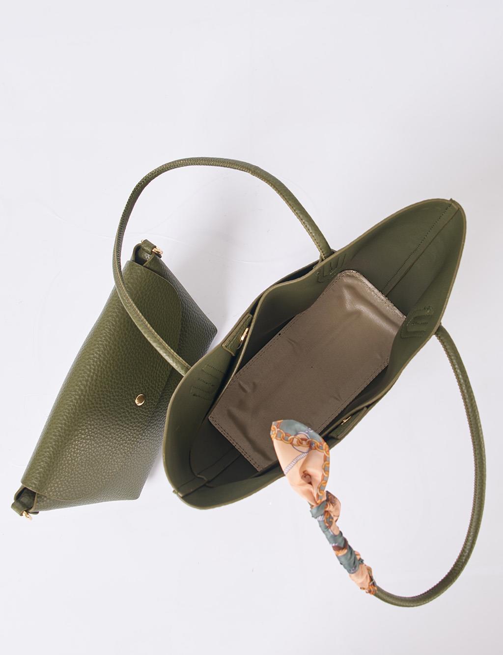 Faux Leather Bag with Scarf Detail in Khaki