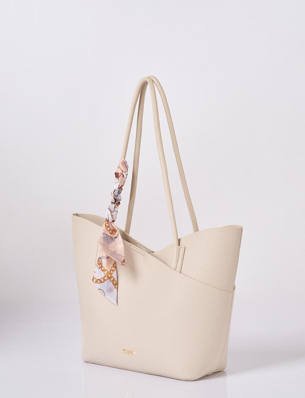 Faux Leather Bag with Scarf Detail in Cream