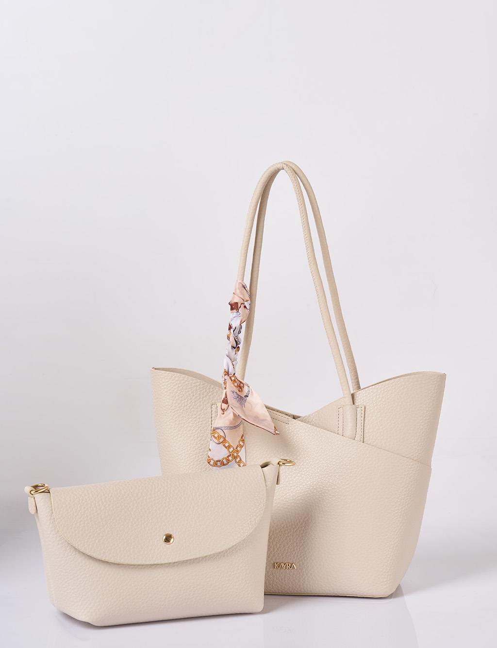 Faux Leather Bag with Scarf Detail in Cream