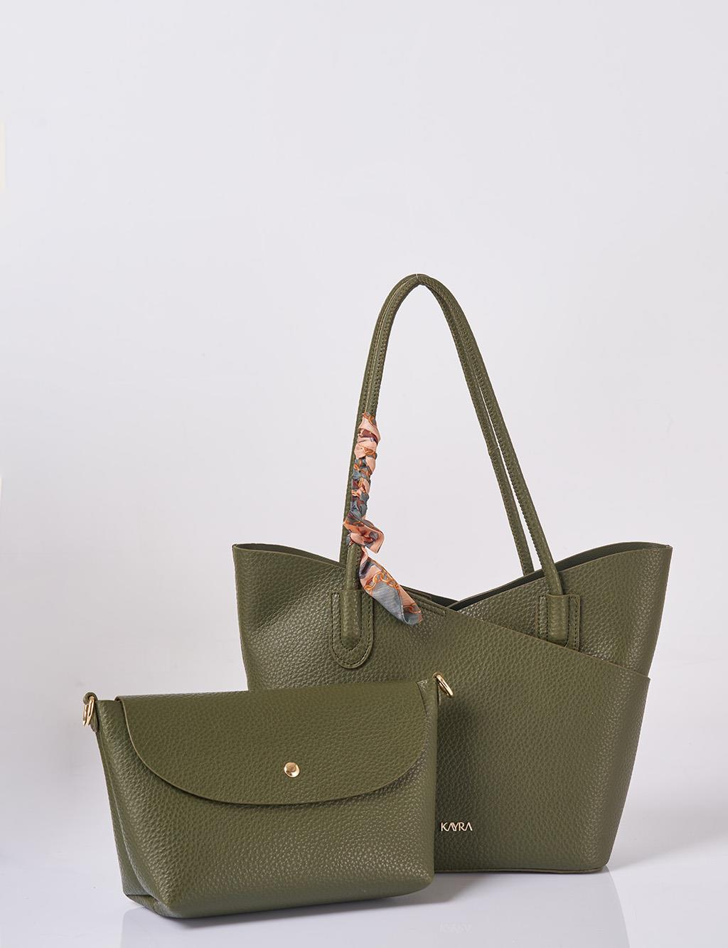 Faux Leather Bag with Scarf Detail in Khaki
