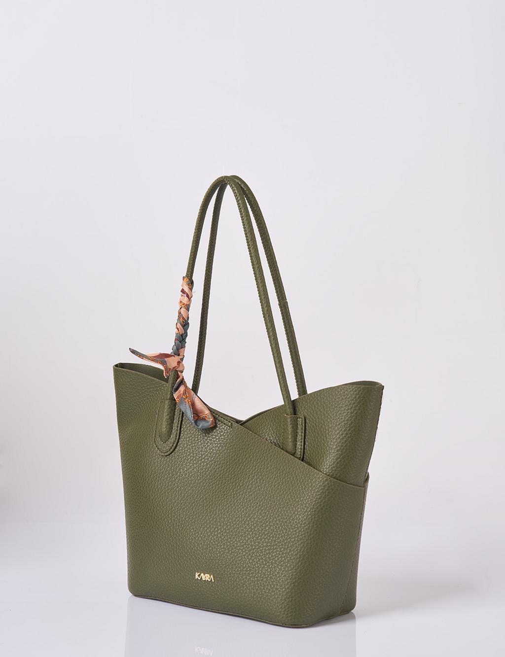Faux Leather Bag with Scarf Detail in Khaki