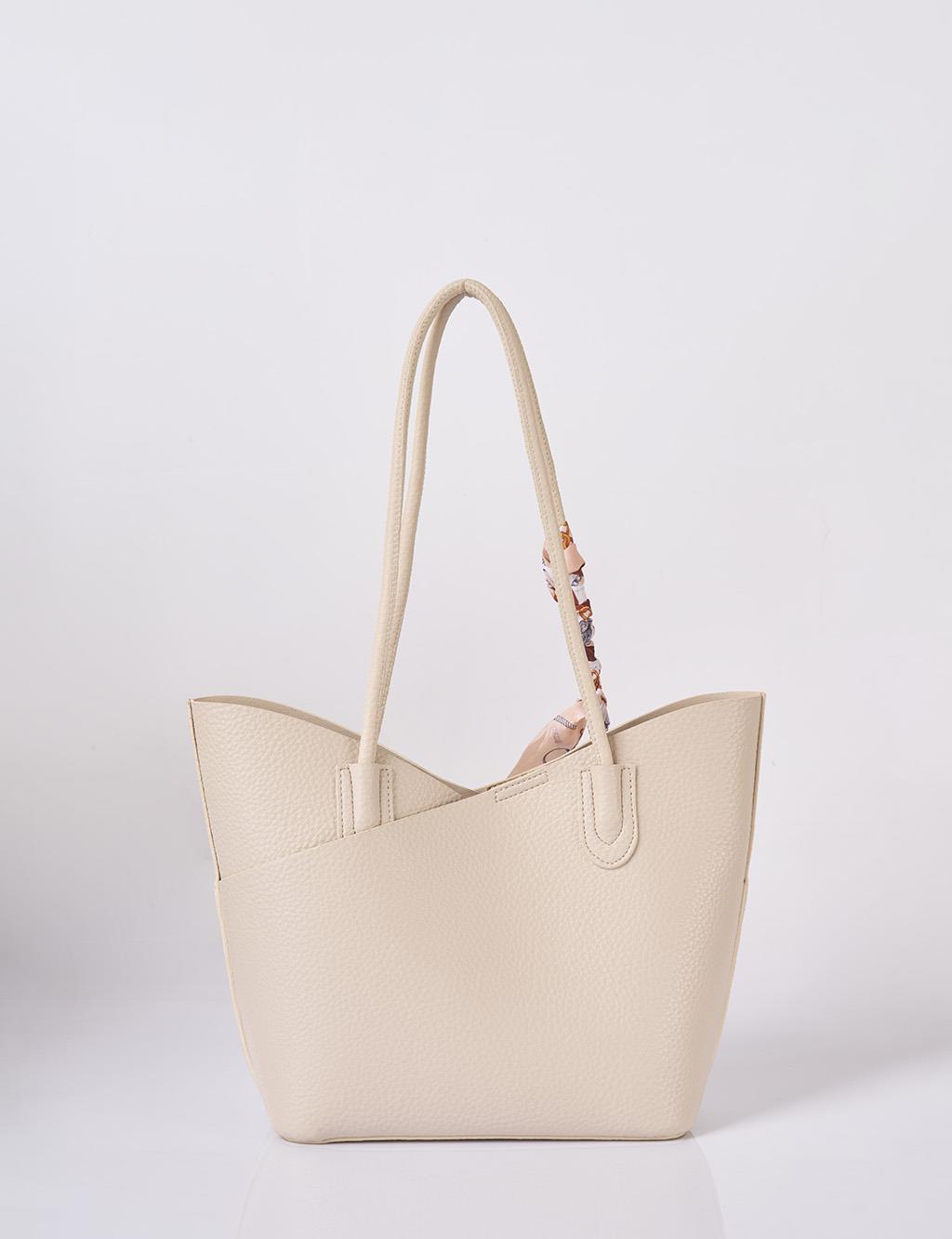Faux Leather Bag with Scarf Detail in Cream