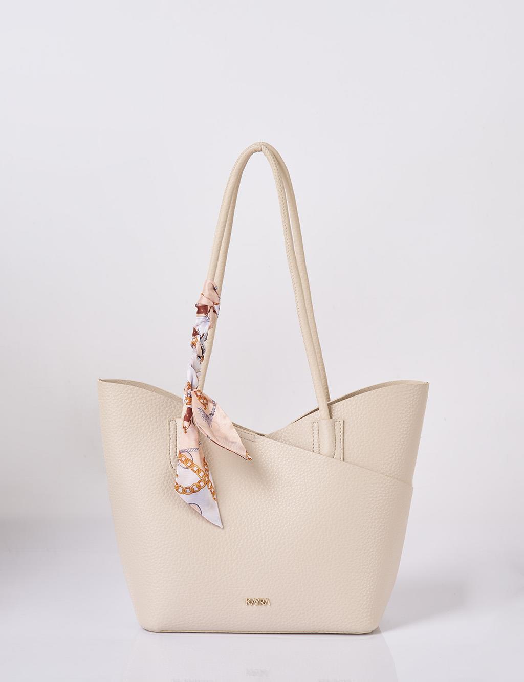 Faux Leather Bag with Scarf Detail in Cream
