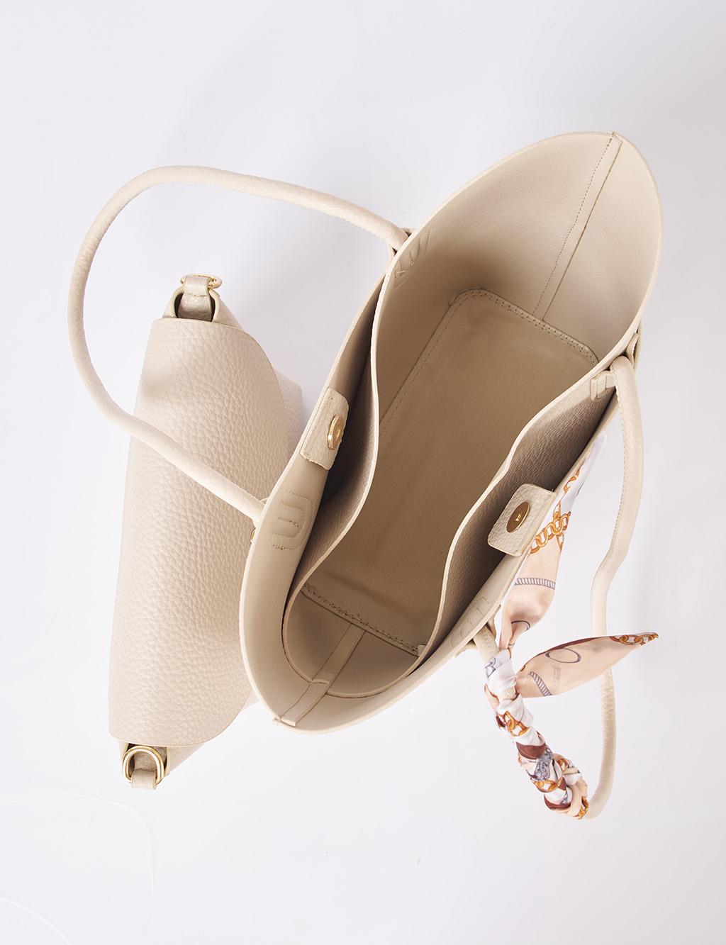 Faux Leather Bag with Scarf Detail in Cream