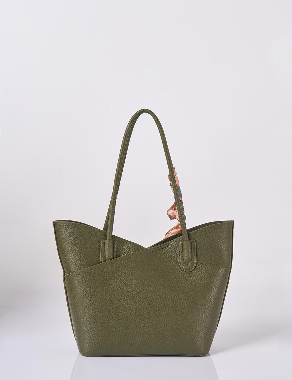 Faux Leather Bag with Scarf Detail in Khaki