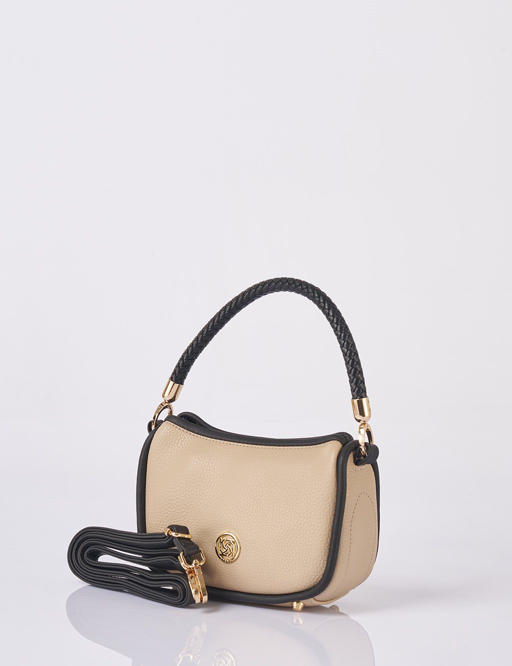 Faux Leather Hobo Bag Cream-Black