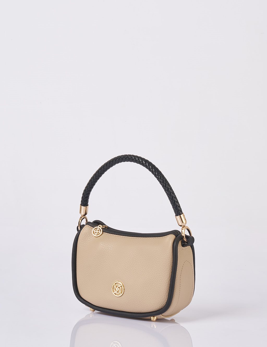 Faux Leather Hobo Bag Cream-Black