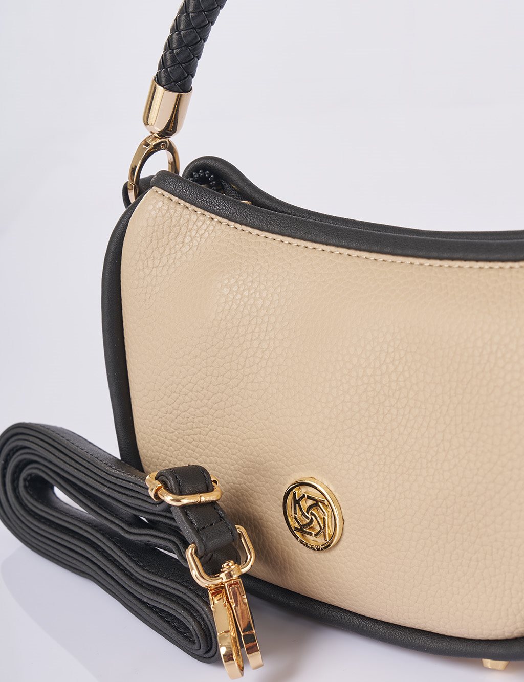 Faux Leather Hobo Bag Cream-Black